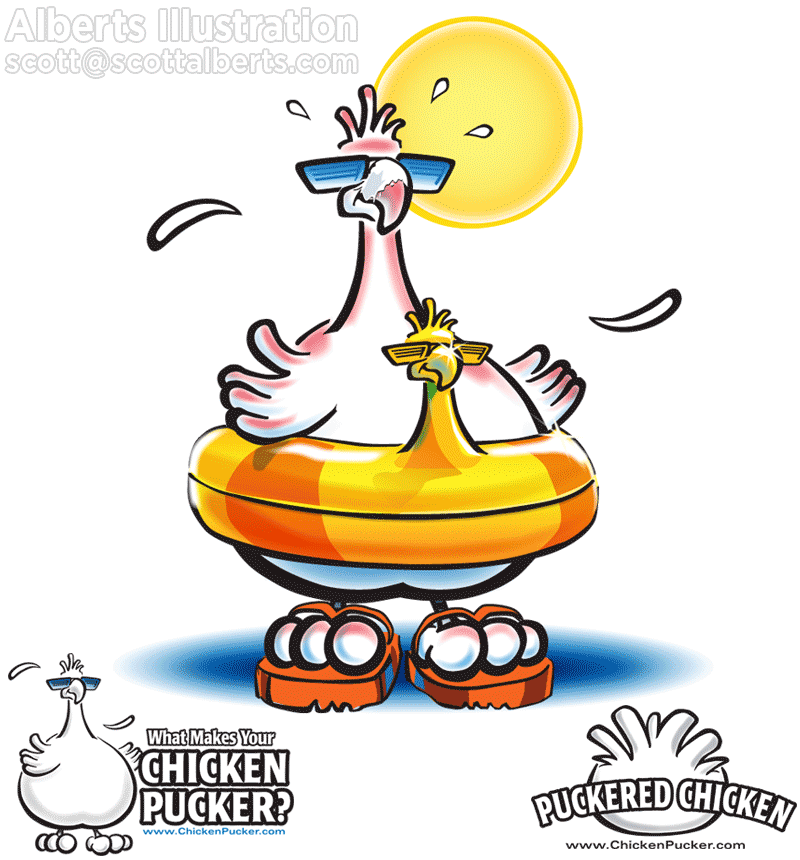 Alberts Illustration character design portfolio - Summer version of Chicken Pucker character for a humor website.