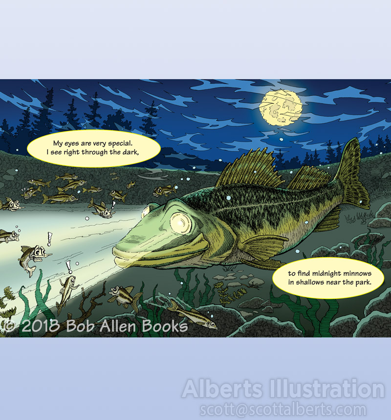 Freelance Illustration - Wally the Wily Walleye's Night Vision - Alberts Illustration